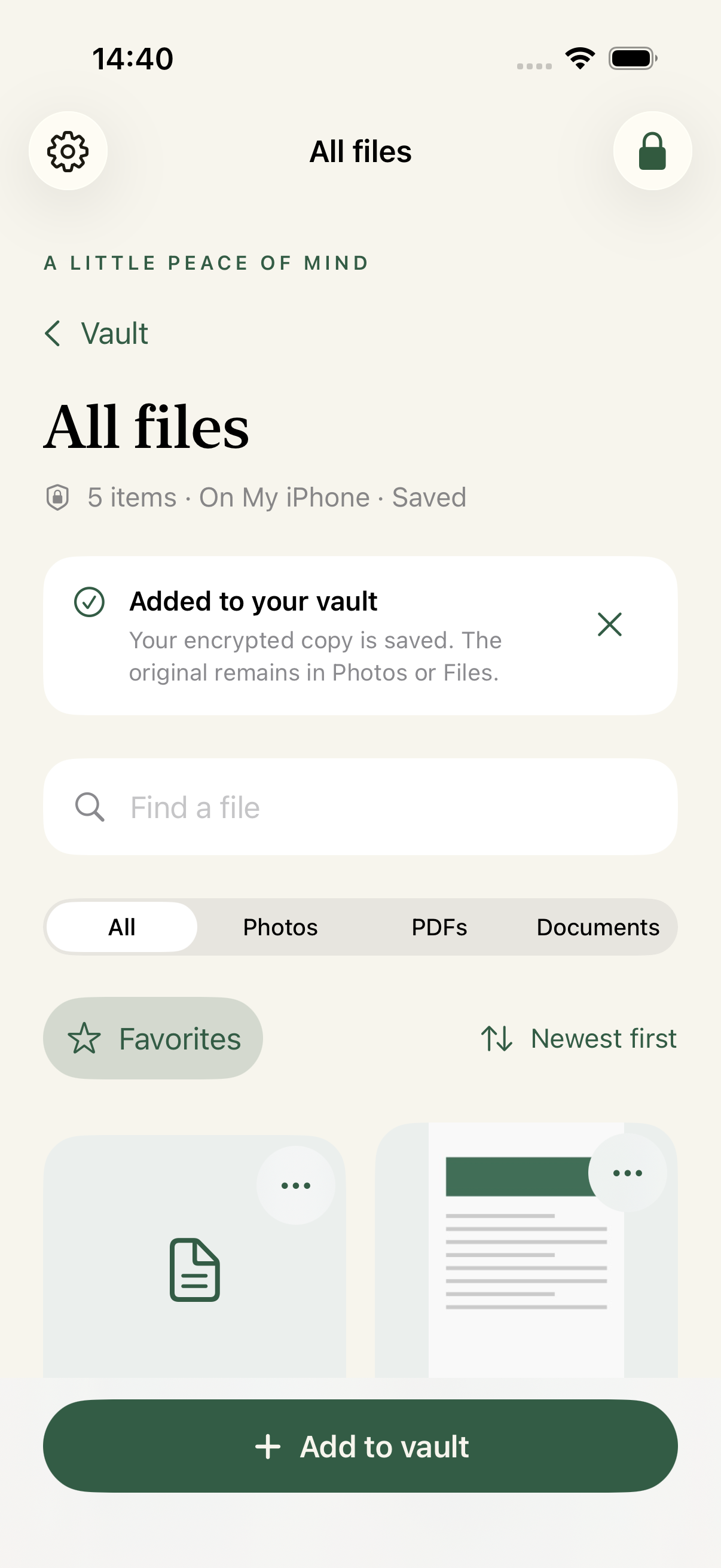 Travel notes added to the encrypted vault, with a saved confirmation.